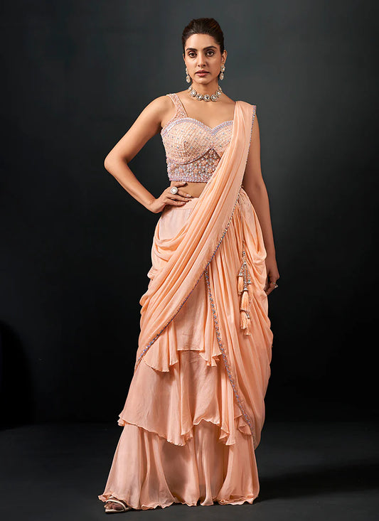 Designer Peach Georgette Saree with Handcrafted Embroidery