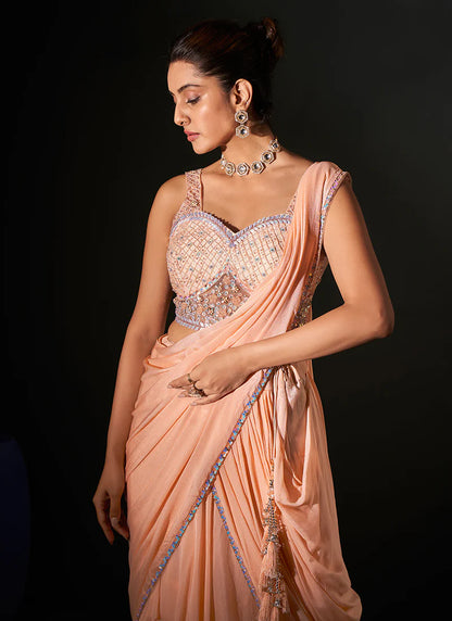 Designer Peach Georgette Saree with Handcrafted Embroidery