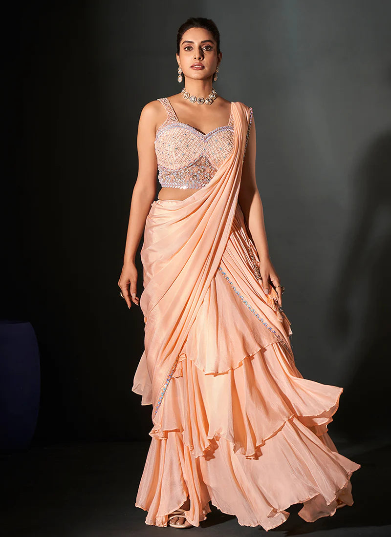 Designer Peach Georgette Saree with Handcrafted Embroidery