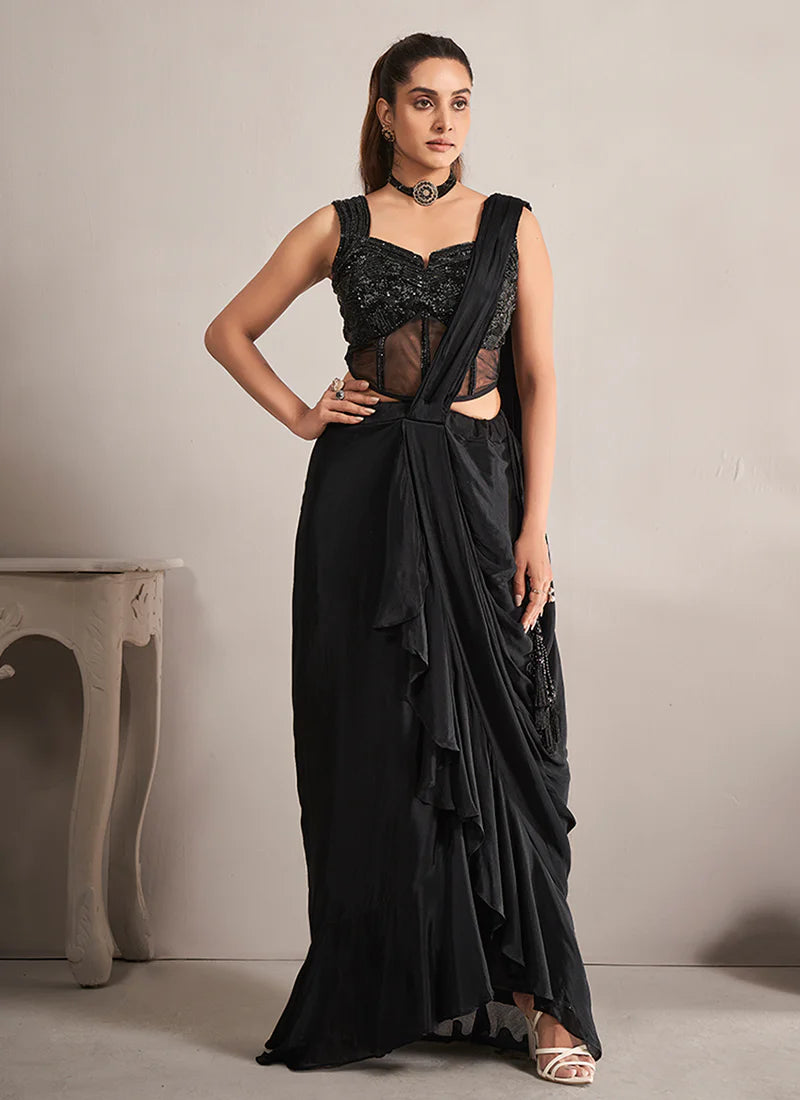 Designer Black Georgette Saree with Handcrafted Embroidery