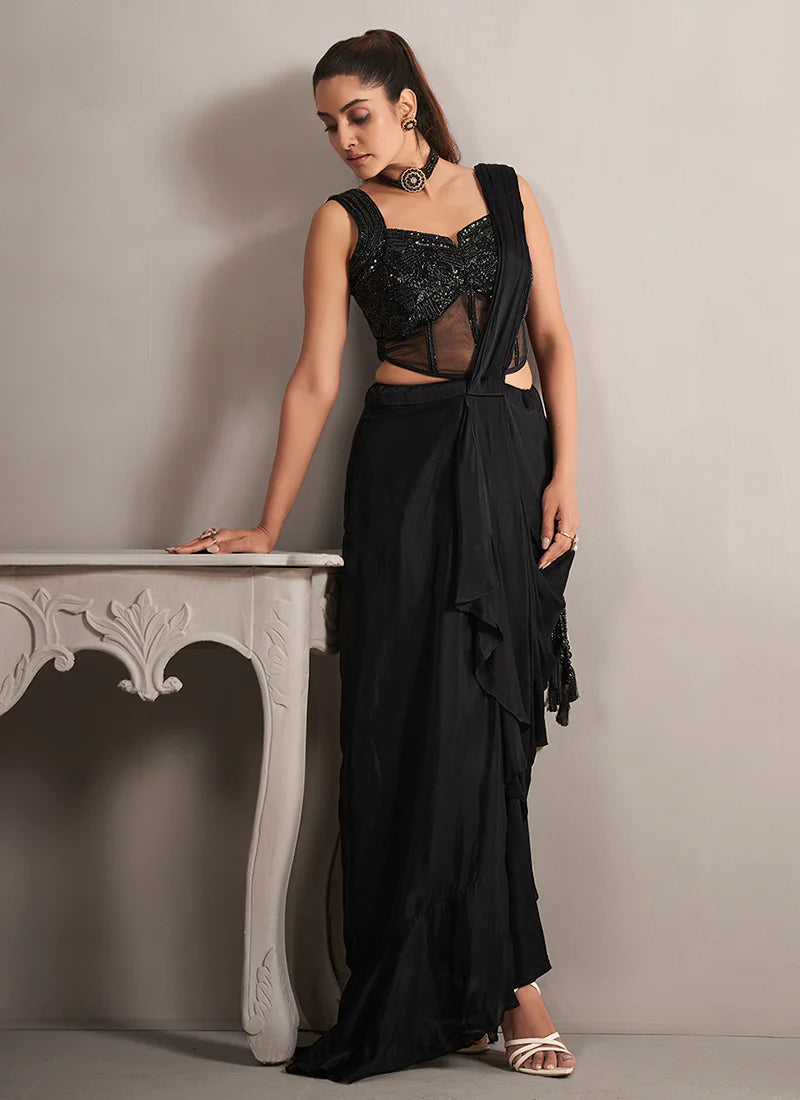 Designer Black Georgette Saree with Handcrafted Embroidery