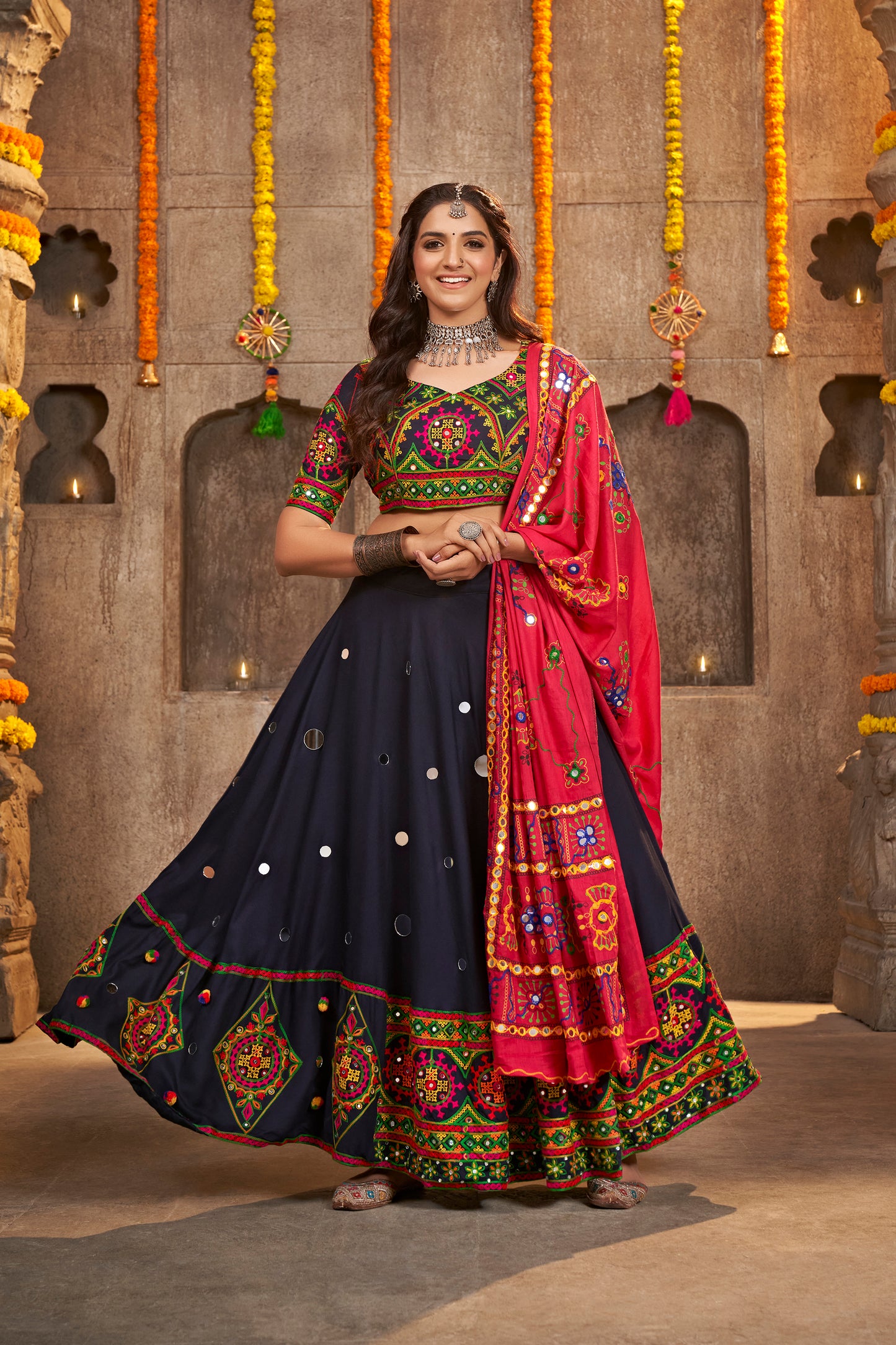 Navy blue rayon chaniya choli with mirror embroidery, perfect for Navratri