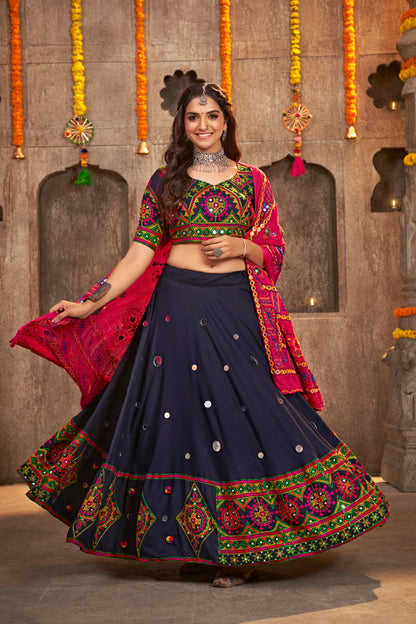 Navy blue rayon chaniya choli with mirror embroidery, perfect for Navratri