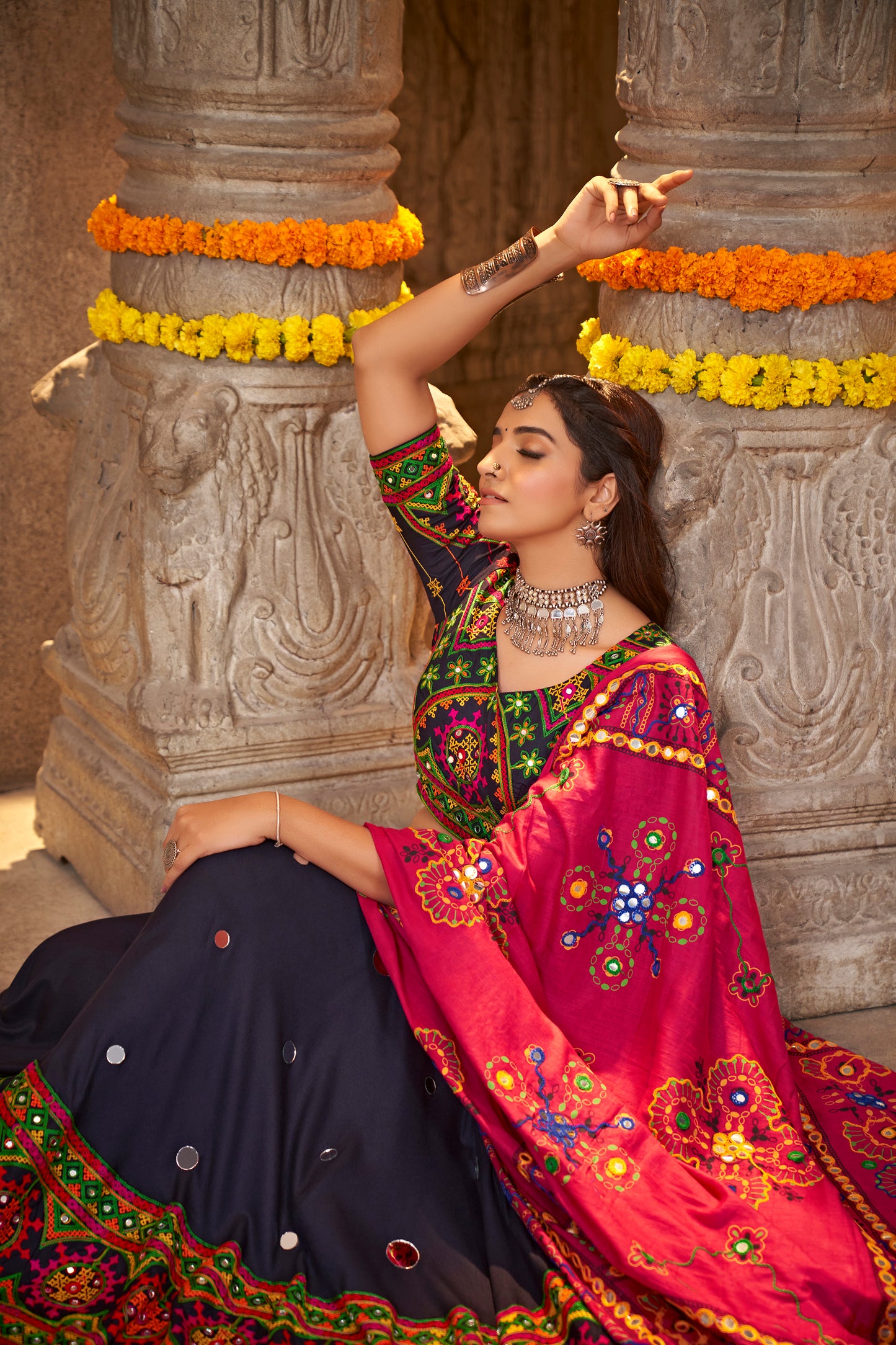 Navy blue rayon chaniya choli with mirror embroidery, perfect for Navratri