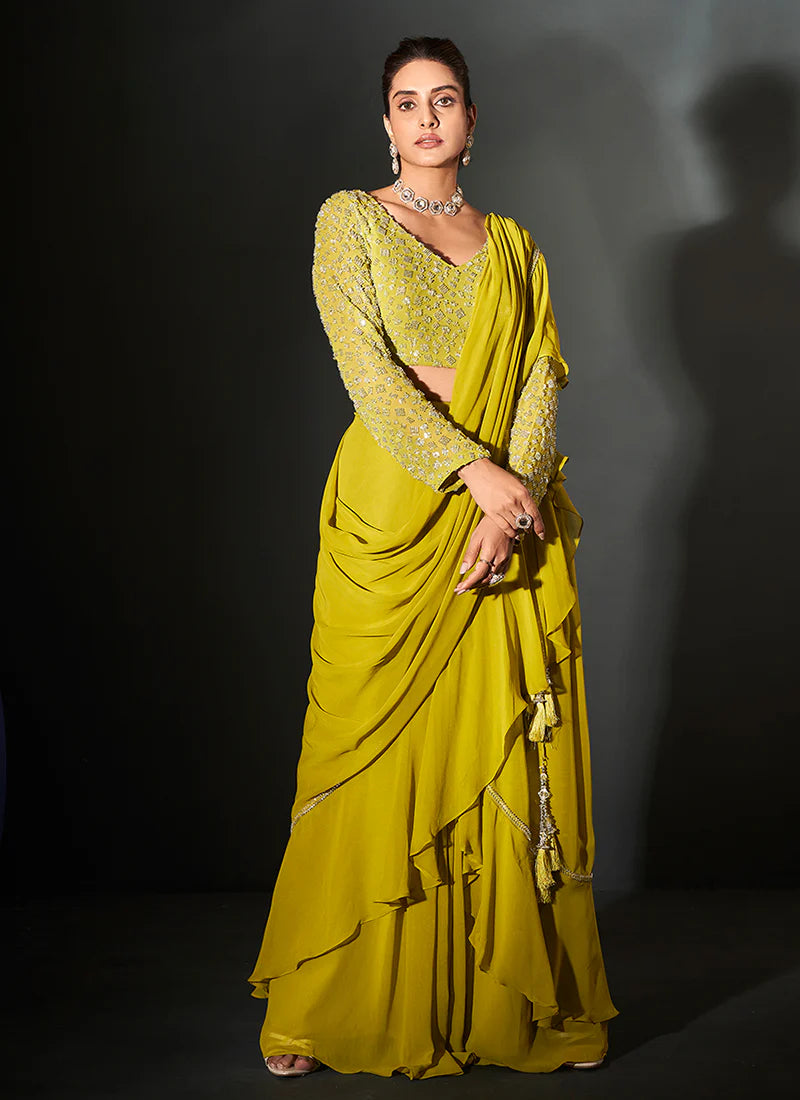 Designer Lemon Yellow Georgette Saree with Handcrafted Embroidery