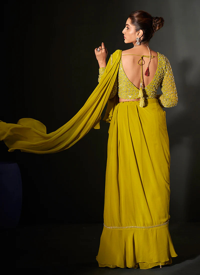 Designer Lemon Yellow Georgette Saree with Handcrafted Embroidery