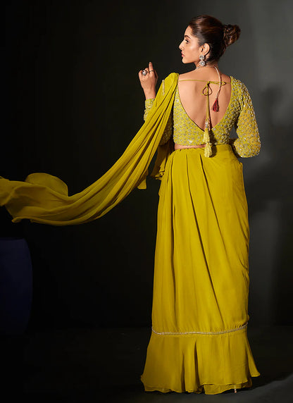 Designer Lemon Yellow Georgette Saree with Handcrafted Embroidery