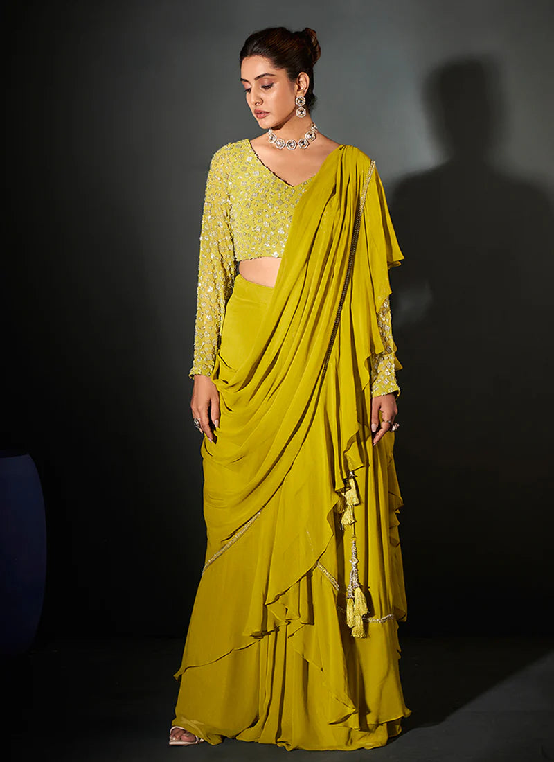 Designer Lemon Yellow Georgette Saree with Handcrafted Embroidery