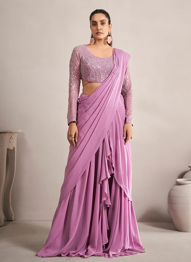 Designer Purple Georgette Saree with Handcrafted Embroidery