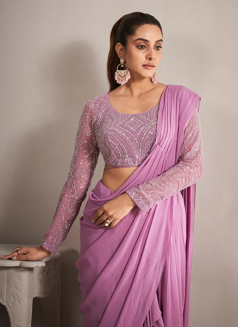 Designer Purple Georgette Saree with Handcrafted Embroidery