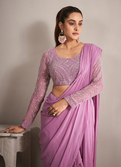 Designer Purple Georgette Saree with Handcrafted Embroidery