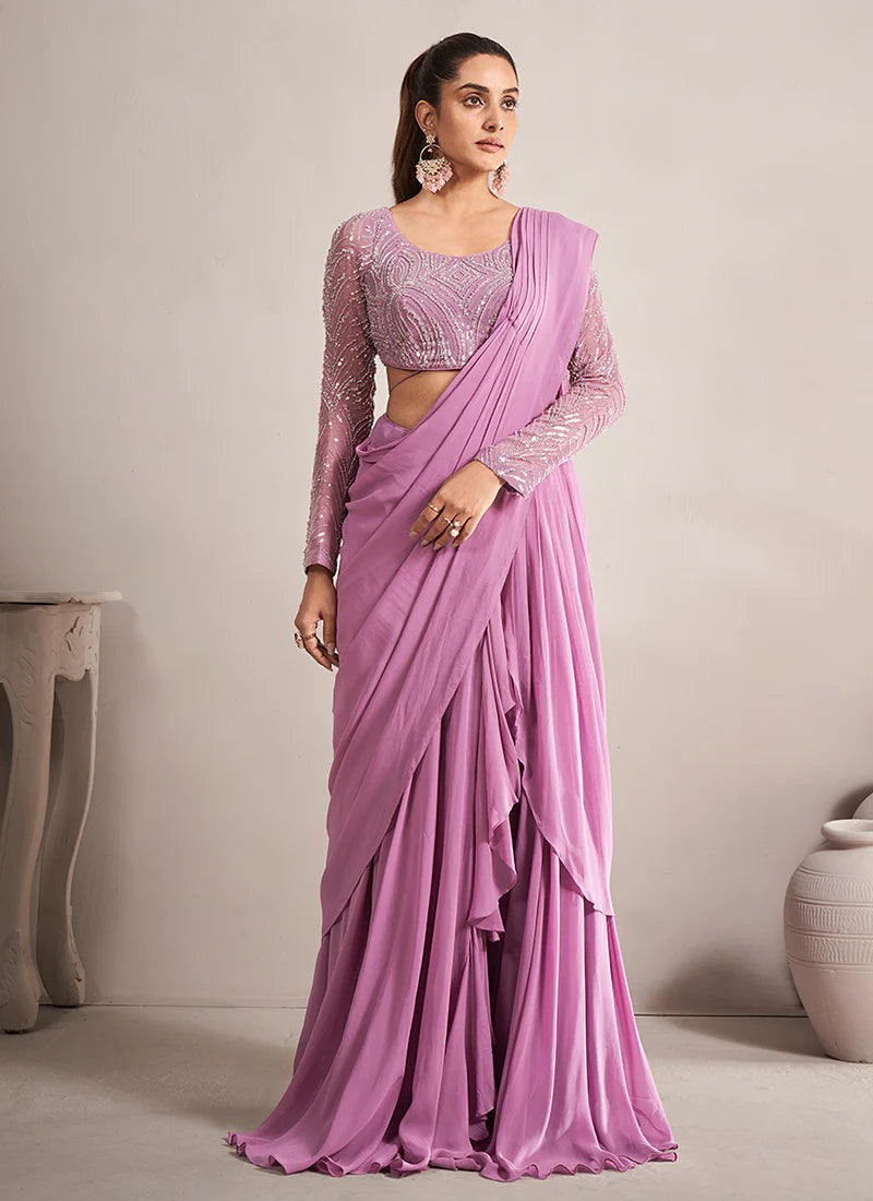 Designer Purple Georgette Saree with Handcrafted Embroidery