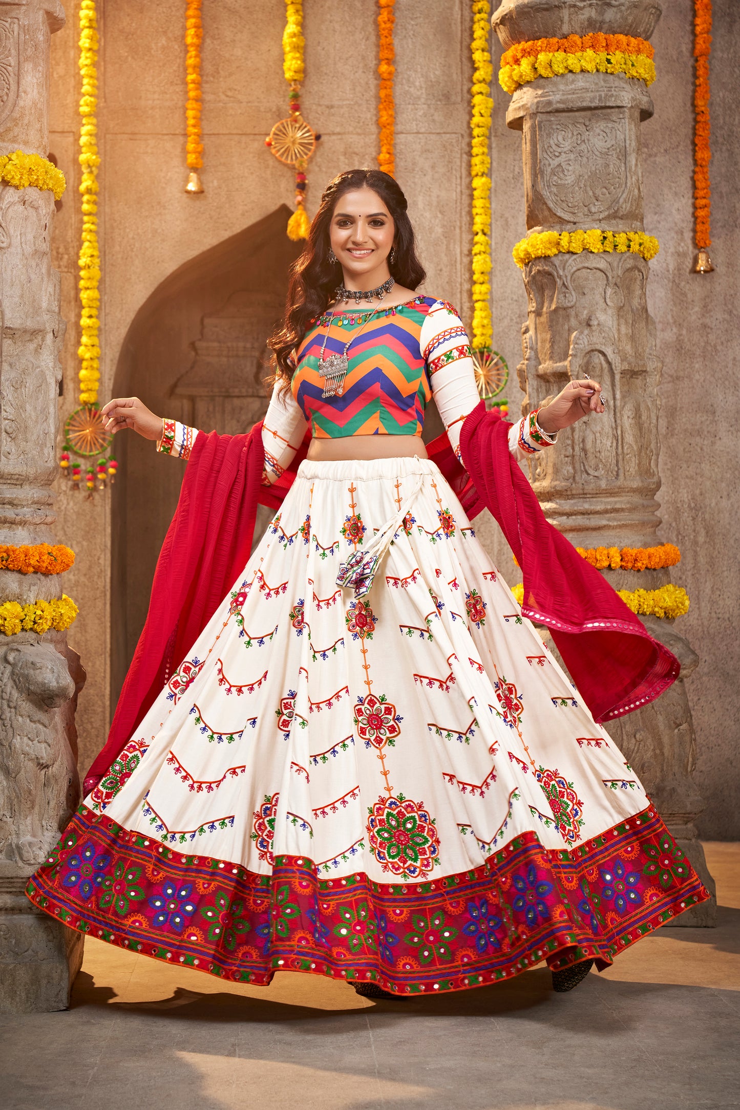 White chaniya choli collection with detailed embroidery, crafted for a stunning Navratri look