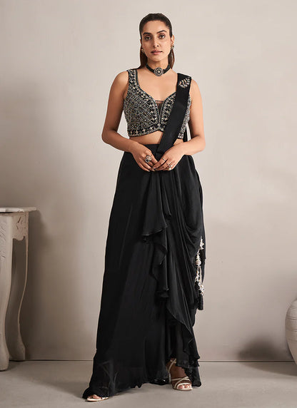 Designer Black Georgette Saree with Handcrafted Embroidery