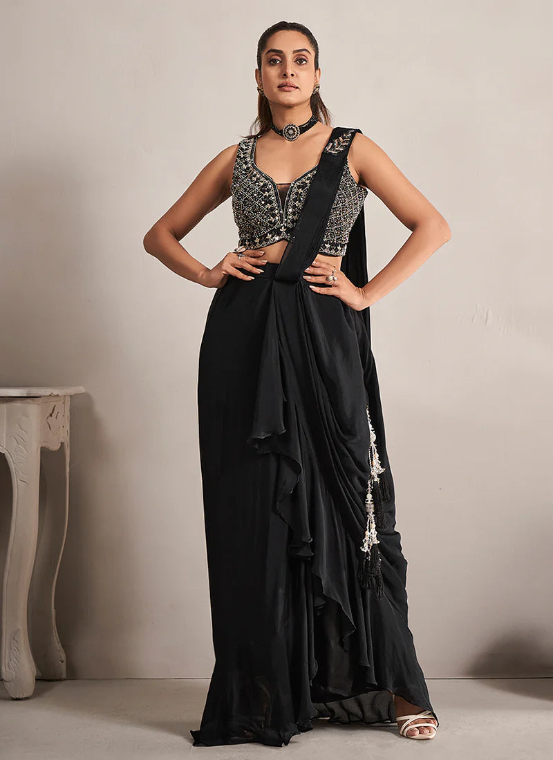 Designer Black Georgette Saree with Handcrafted Embroidery