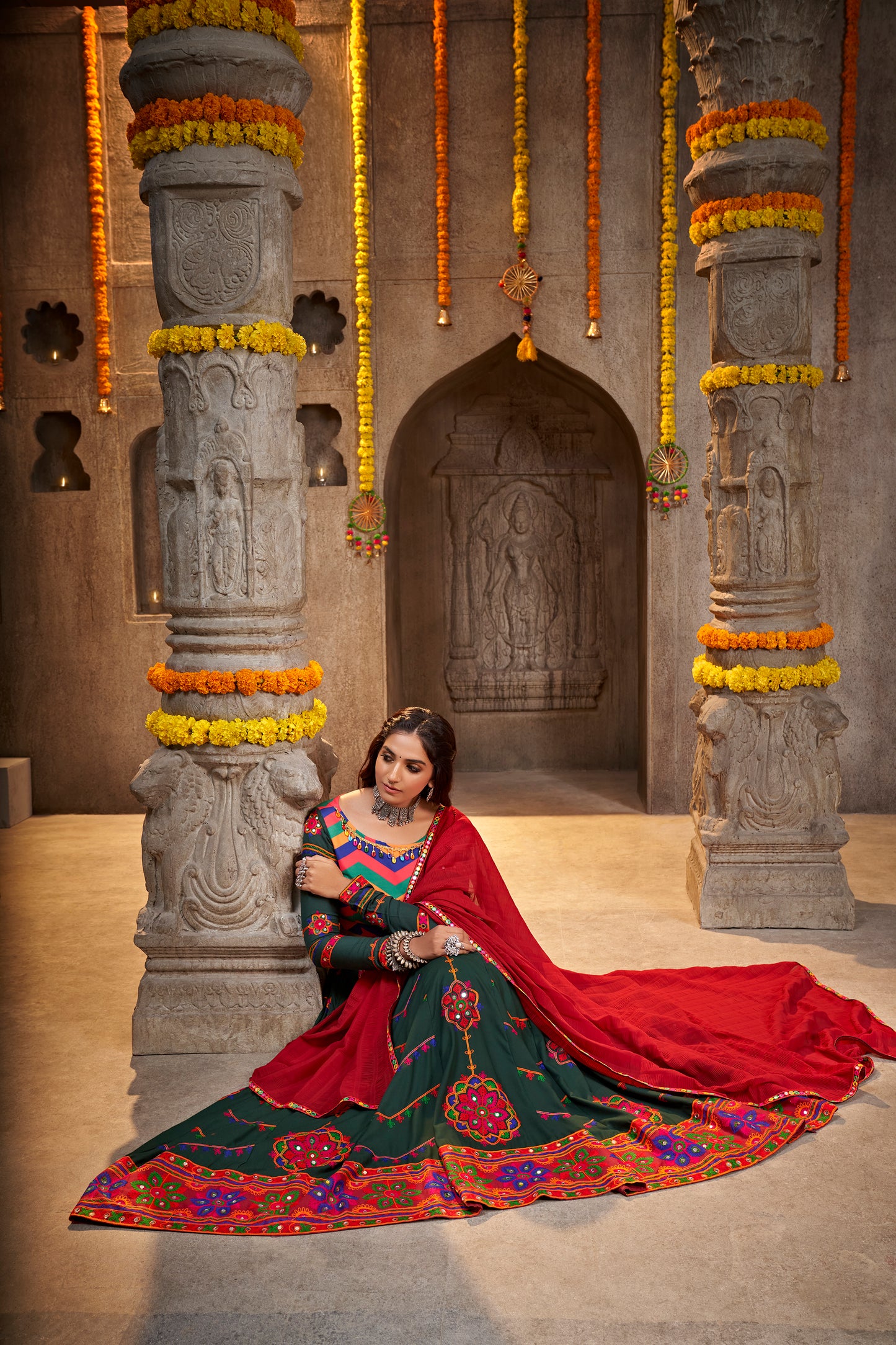 Green and Red Kutchi Rajwadi chaniya choli