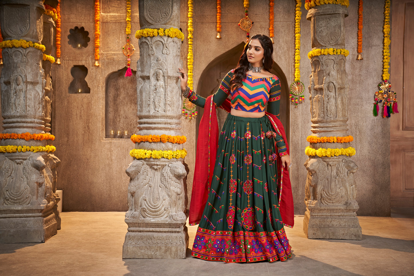 Green and Red Kutchi Rajwadi chaniya choli