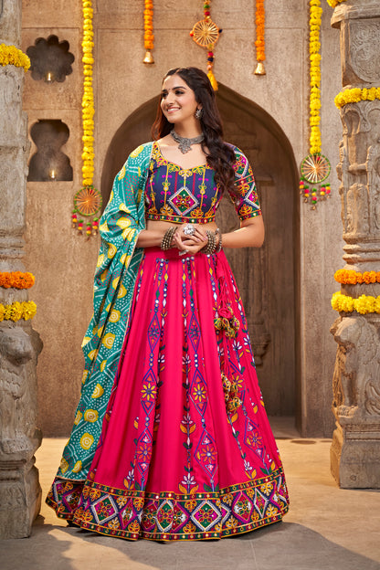 Pink Rajwadi chaniya choli with elaborate Kutchi embroidery