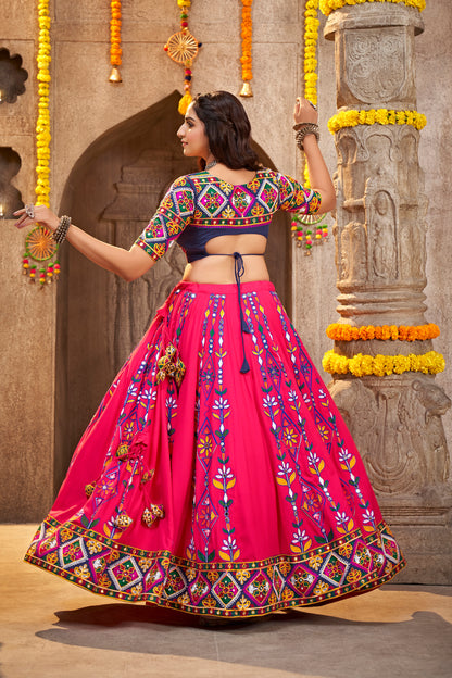 Pink Rajwadi chaniya choli with elaborate Kutchi embroidery