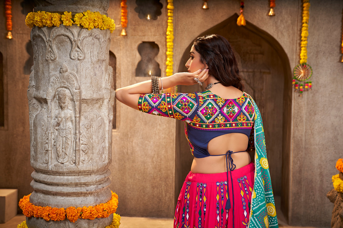 Pink Rajwadi chaniya choli with elaborate Kutchi embroidery