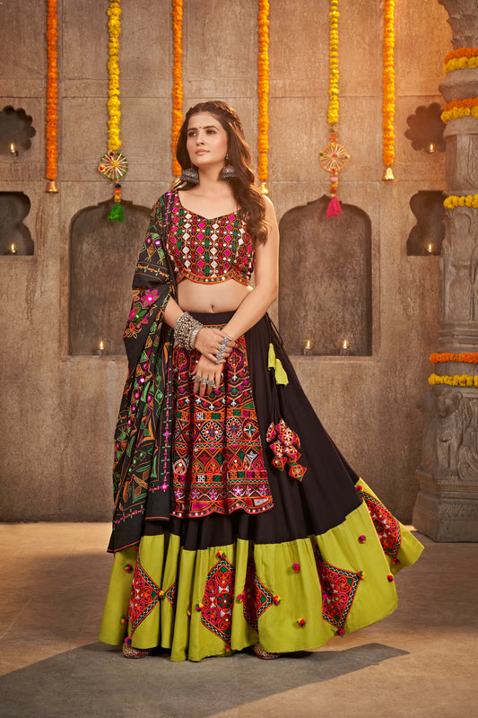 Black and Green chaniya choli with mirror work, perfect for Navratri