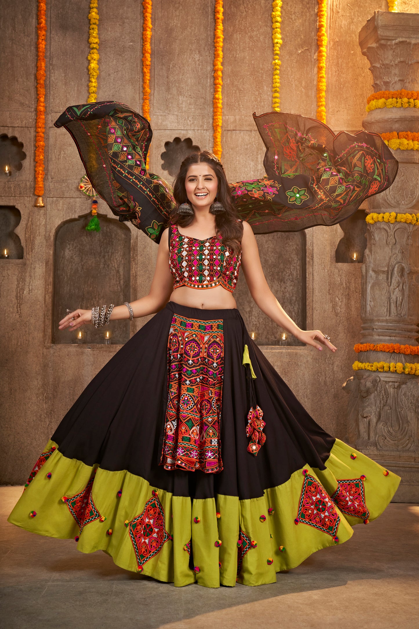 Black and Green chaniya choli with mirror work, perfect for Navratri