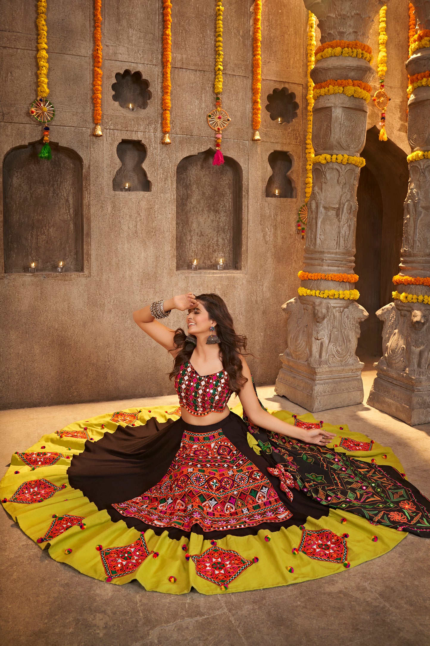 Black and Green chaniya choli with mirror work, perfect for Navratri