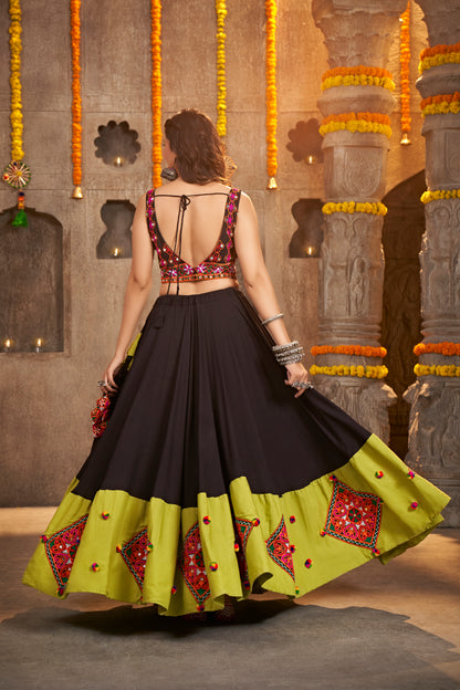 Black and Green chaniya choli with mirror work, perfect for Navratri