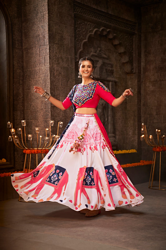 White Kutchi Chaniya Choli features intricate embroidery and mirror work