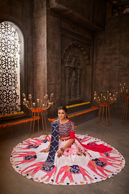 White Kutchi Chaniya Choli features intricate embroidery and mirror work