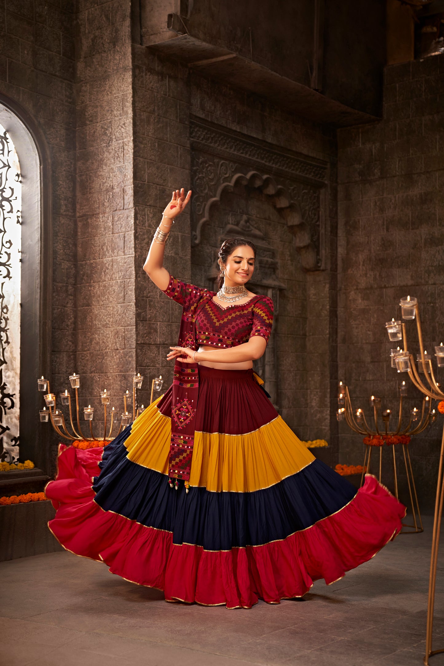 Multicolor Kutchi Chaniya Choli features intricate embroidery and mirror work