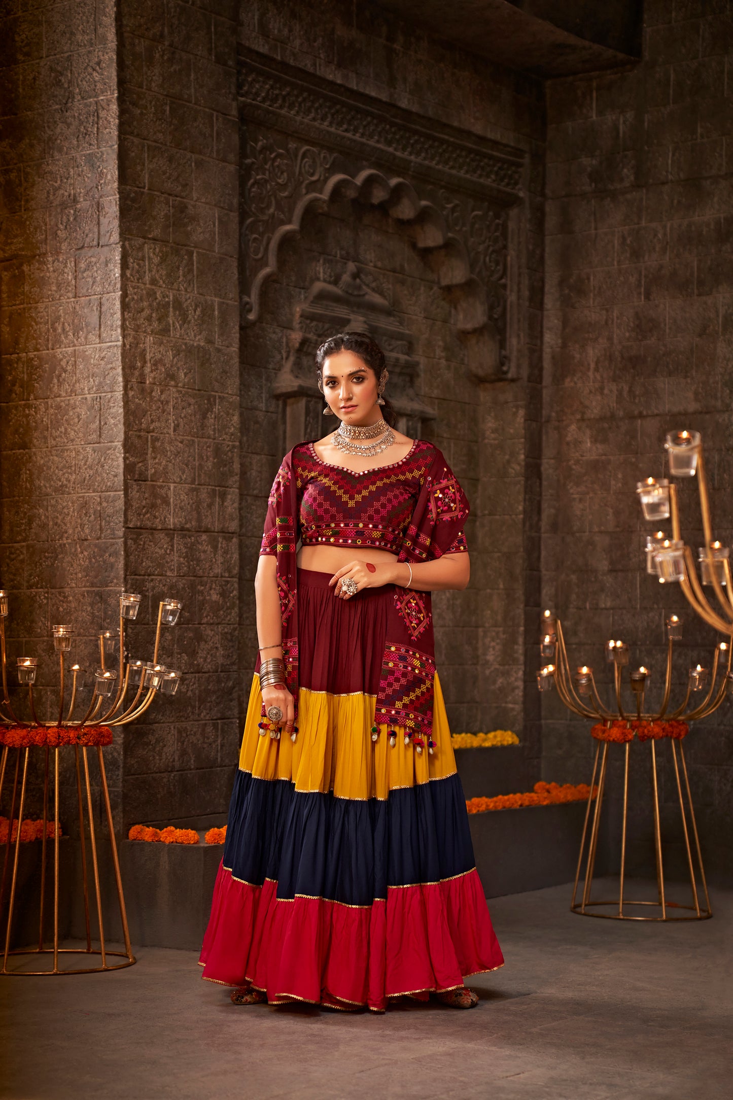 Multicolor Kutchi Chaniya Choli features intricate embroidery and mirror work