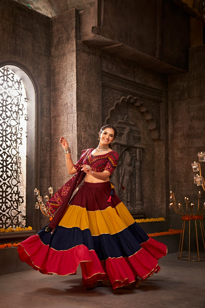 Multicolor Kutchi Chaniya Choli features intricate embroidery and mirror work