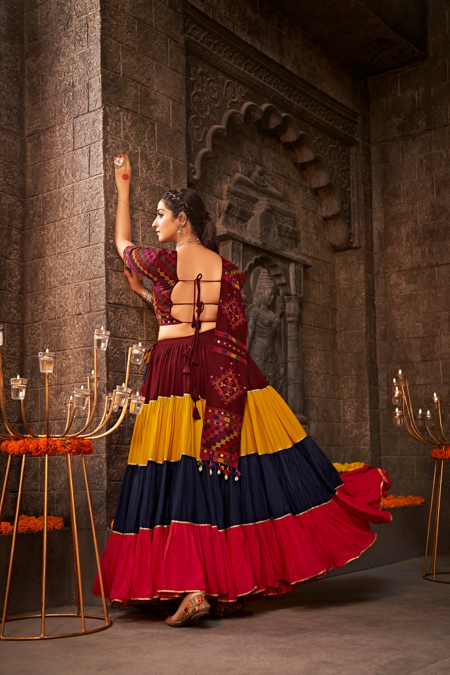 Multicolor Kutchi Chaniya Choli features intricate embroidery and mirror work