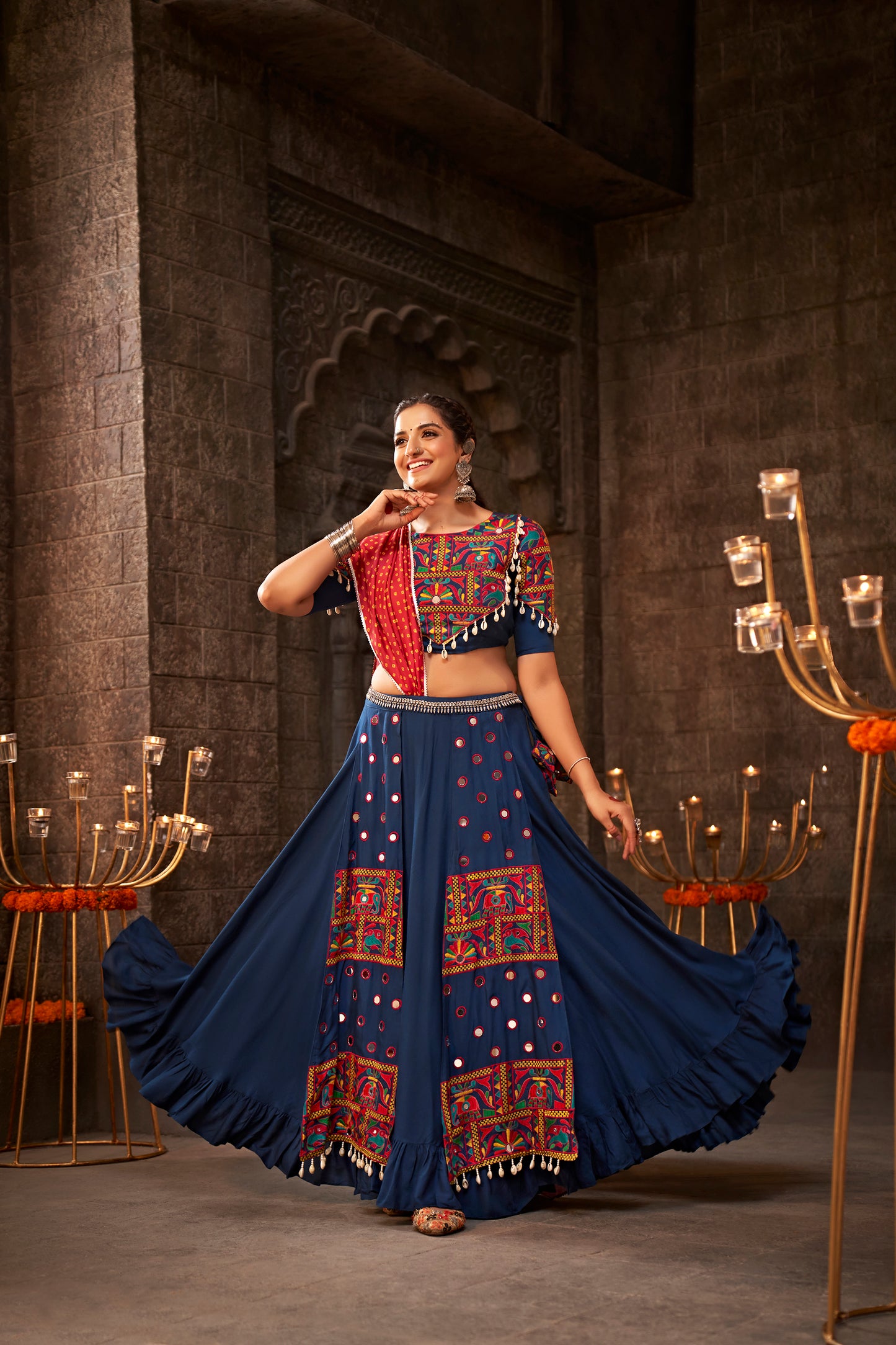 Blue Thread Embroidered Chaniya Choli adds a festive touch for Navratri