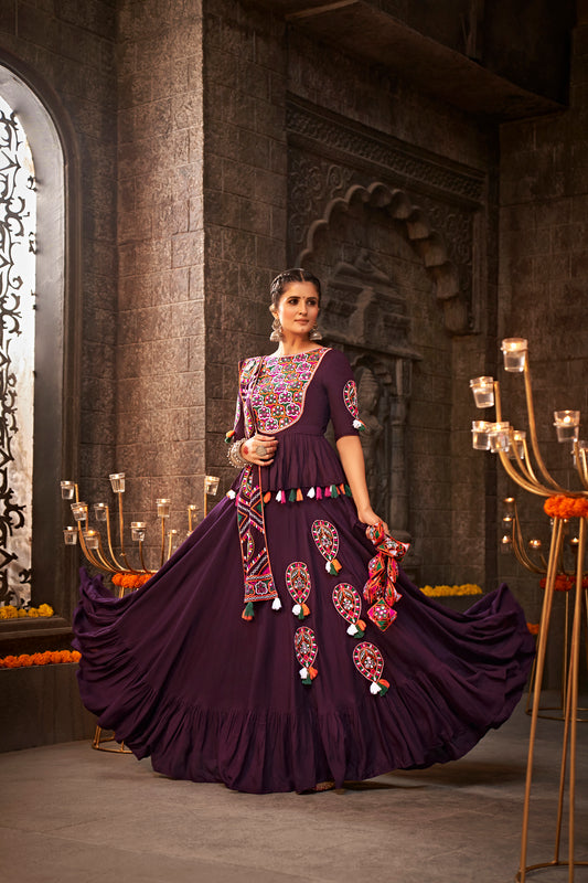 Purple Thread Embroidered Chaniya Choli adds a festive touch for Navratri