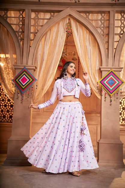 Lilac Kutchi Chaniya Choli features intricate embroidery and mirror work