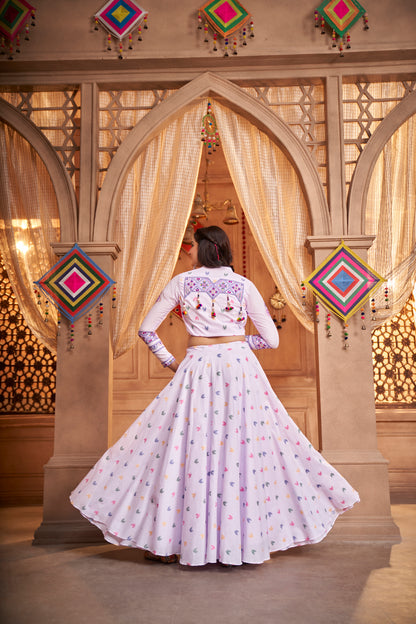 Lilac Kutchi Chaniya Choli features intricate embroidery and mirror work