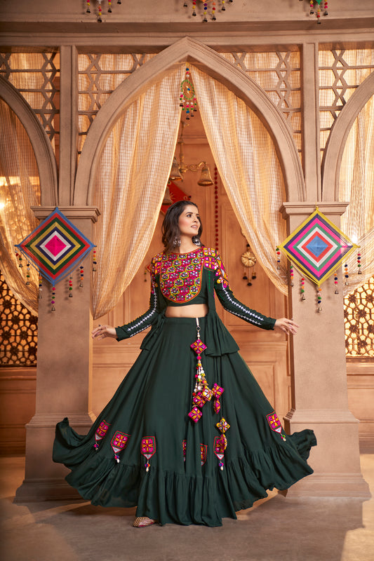 Green Embroidered Mirror Work Chaniya Choli is ideal for Navratri