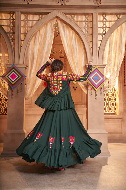 Green Embroidered Mirror Work Chaniya Choli is ideal for Navratri