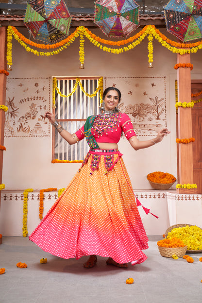 Pink ombre Rajwadi chaniya choli with Kutchi embroidery