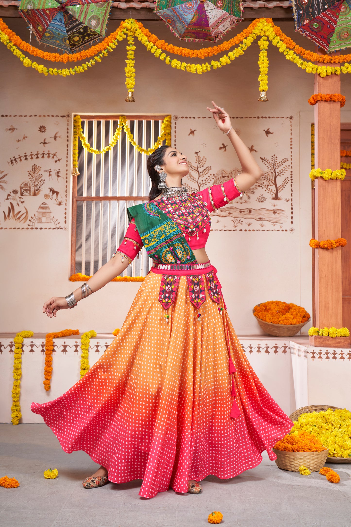 Pink ombre Rajwadi chaniya choli with Kutchi embroidery