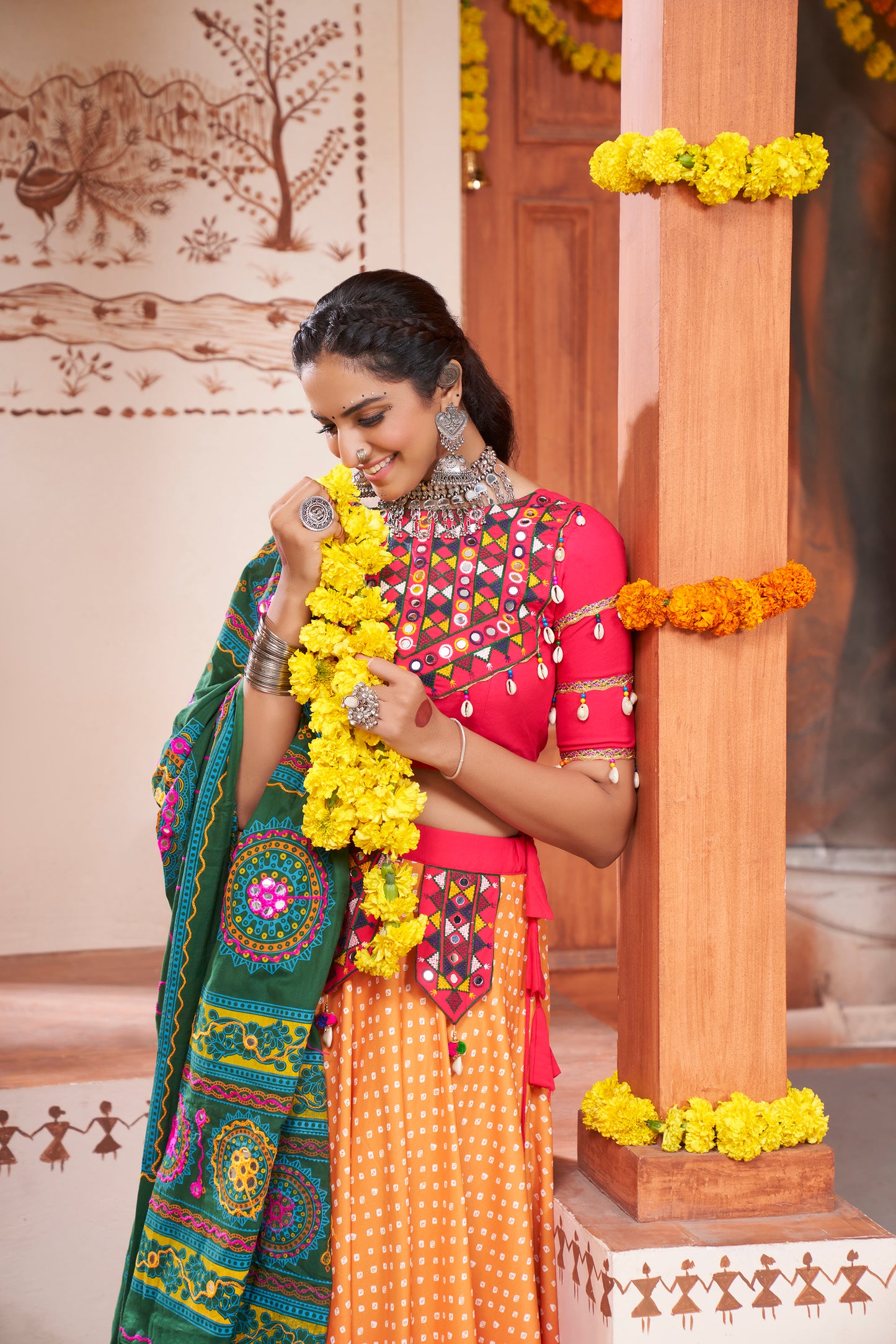 Pink ombre Rajwadi chaniya choli with Kutchi embroidery