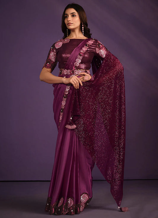 Wine Wedding Silk Saree with Sequins and Embroidery