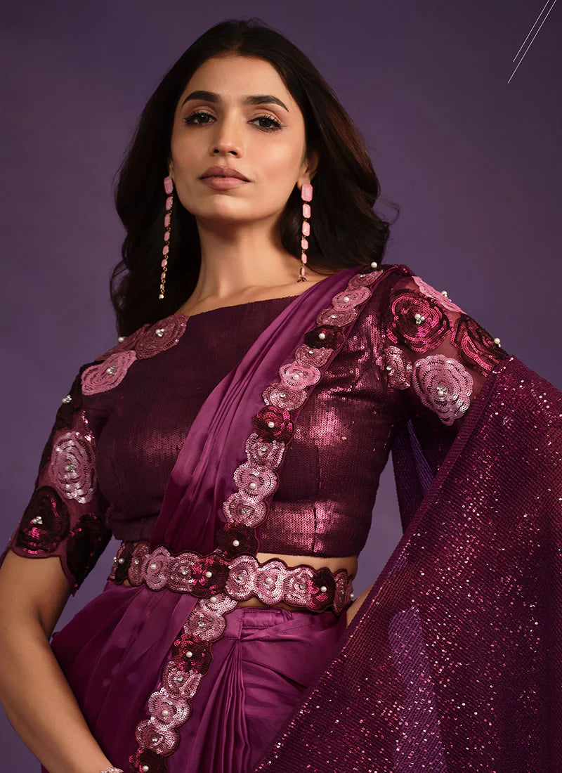 Wine Wedding Silk Saree with Sequins and Embroidery