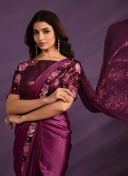 Wine Wedding Silk Saree with Sequins and Embroidery