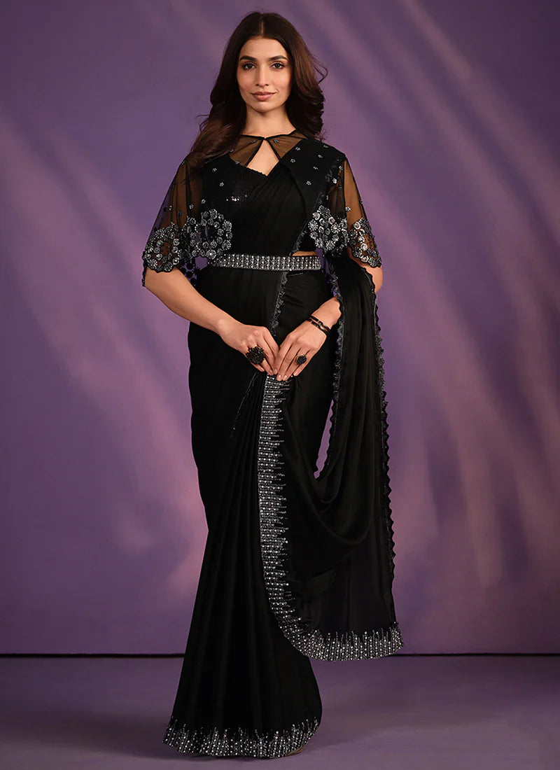 Black Wedding Saree with Intricate Handwork and Cape