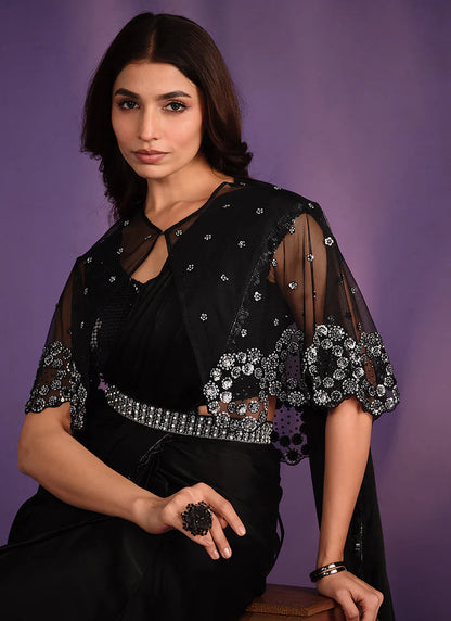 Black Wedding Saree with Intricate Handwork and Cape