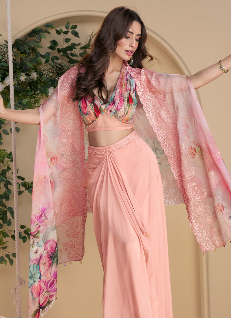 Blush Pink Cape Style Chinon Sharara Set with Floral Cape