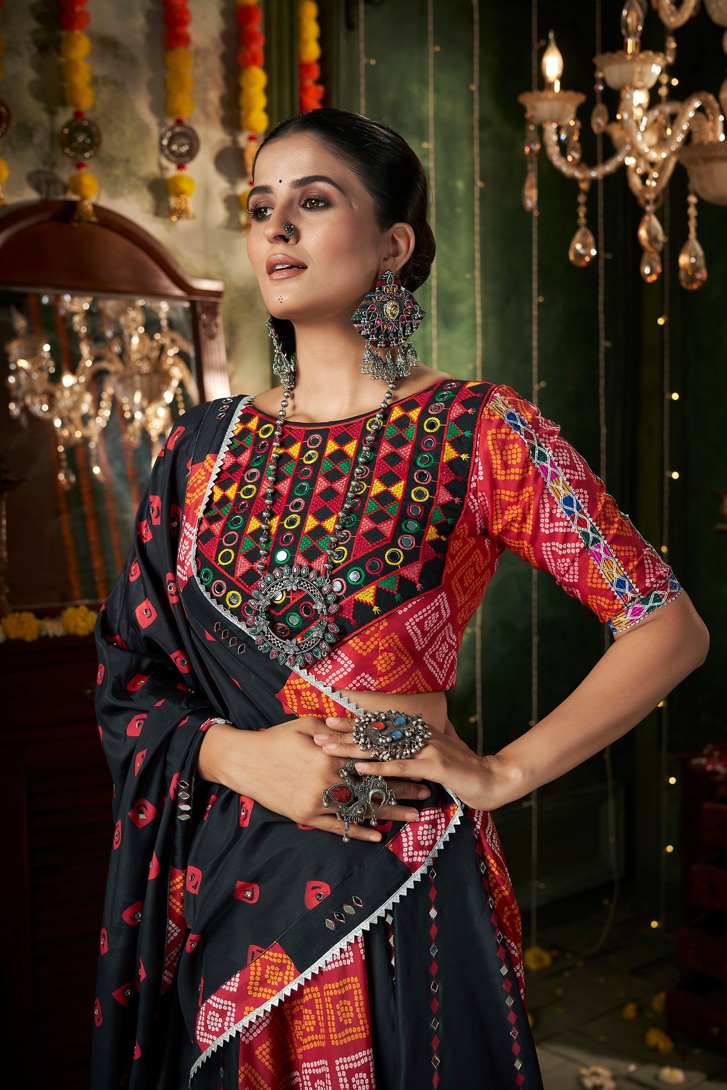 Stunning black cotton lehenga choli with mirror work, perfect for Navratri